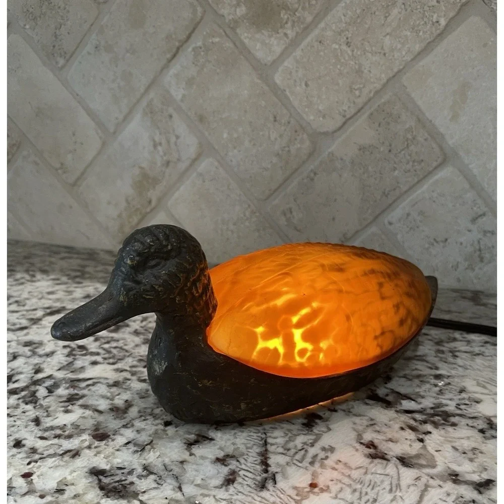 Vtg Duck Mallard Night Light Accent Table Lamp Cast Iron & Amber Glass Ambiance